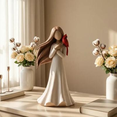 Yousheng Figure Statue Fille Oiseau Rouge Figurine Décorative Texture Lisse Design Esthétique Guérisseur Ornement de Bureau pour la Maison