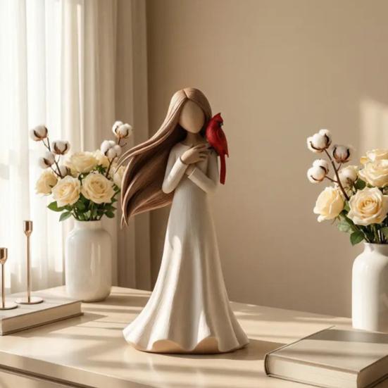 Figure Statue Girl Red Bird Decorative Figurine Smooth Texture Healing Aesthetic Design Home Desktop Ornament