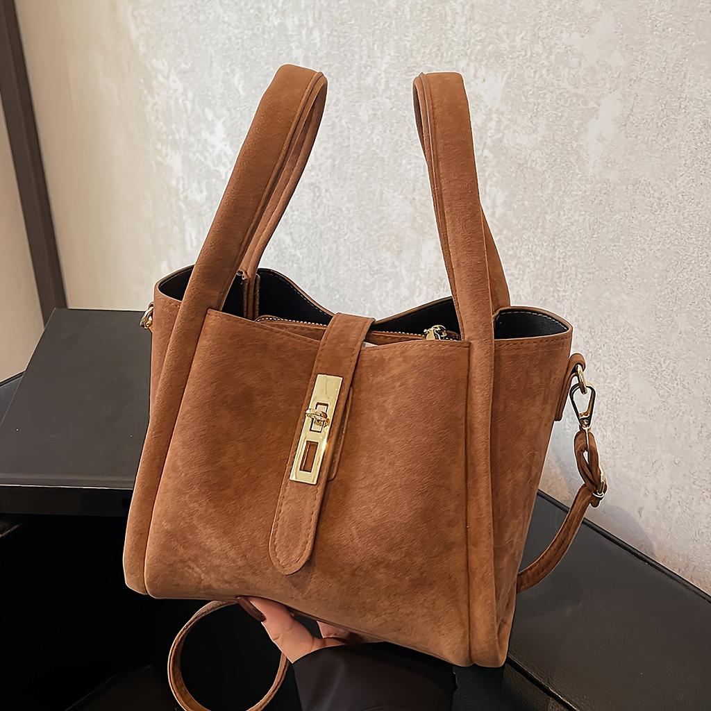 Autumn and winter retro high-end texture frosted suede handbag, simple fashi trend solid color classic elegant handbag,