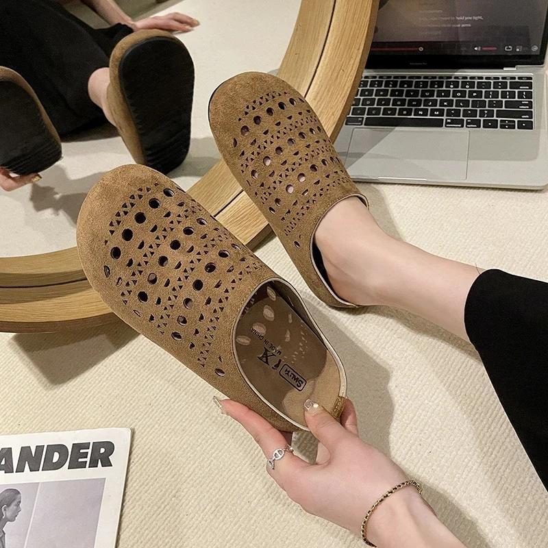 Fashion Baotou Hollow Out Fretwork Suede Leather Solid Concise Half Slippers Women Round Toe Pull on Muller Beach Shoes Females