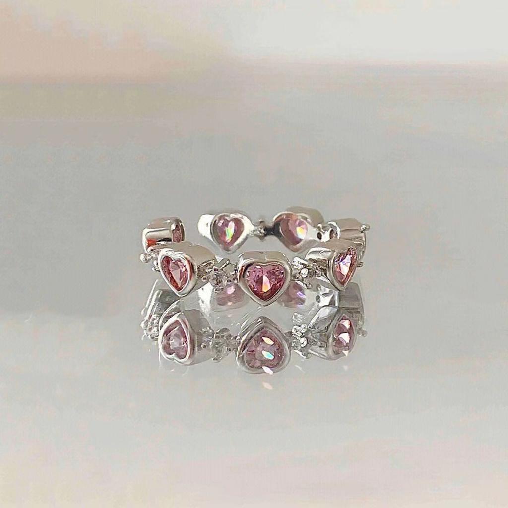 Y2K Style Sparkling Pink Zircon Bride Rings for Women Couples Korean Trendy Heart Star Geometric Wedding Party Jewelry