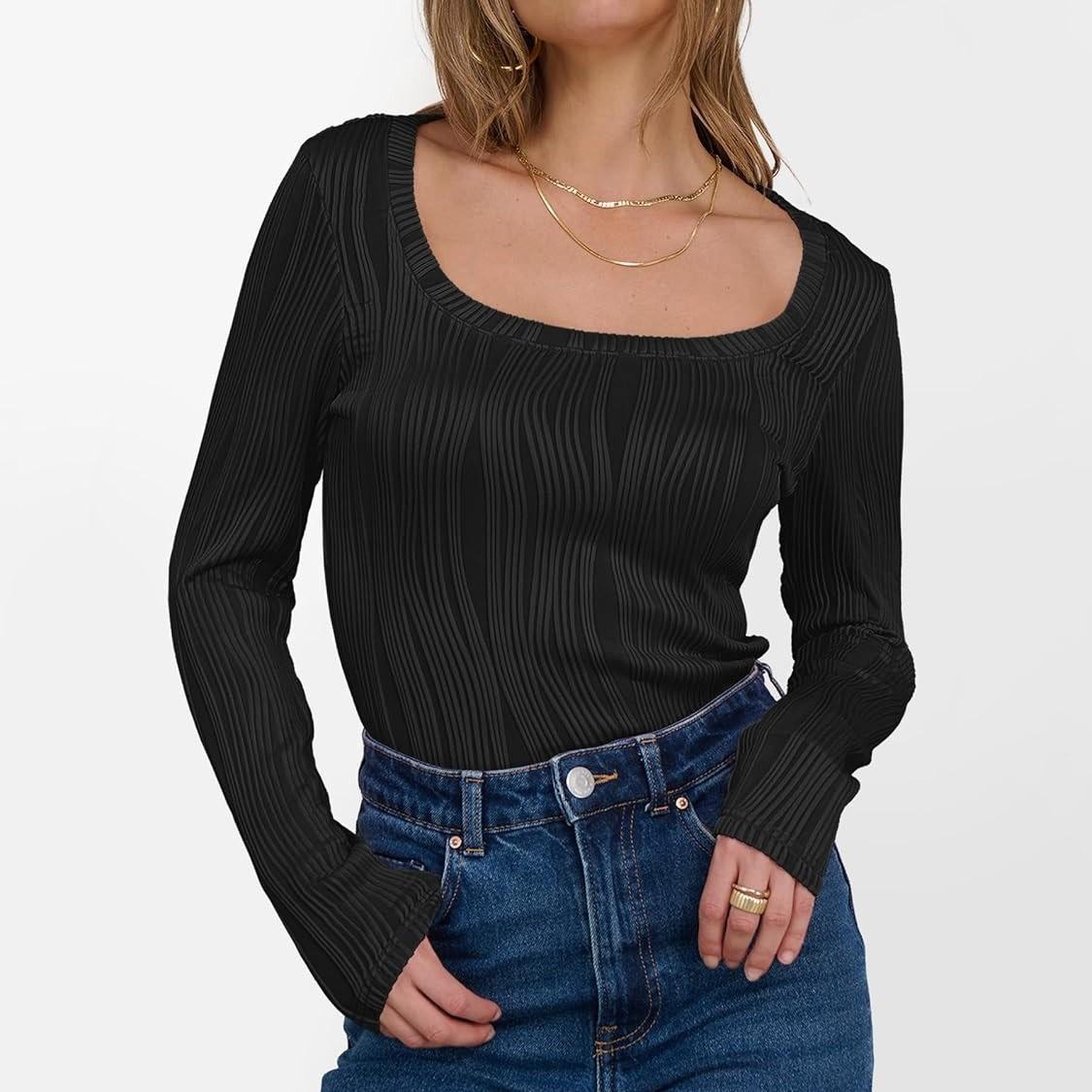 

Женская и зимняя футболка с тонким низом, модный повседневный однотонный свитер с круглым вырезом и длинными рукавами XXL чёрный