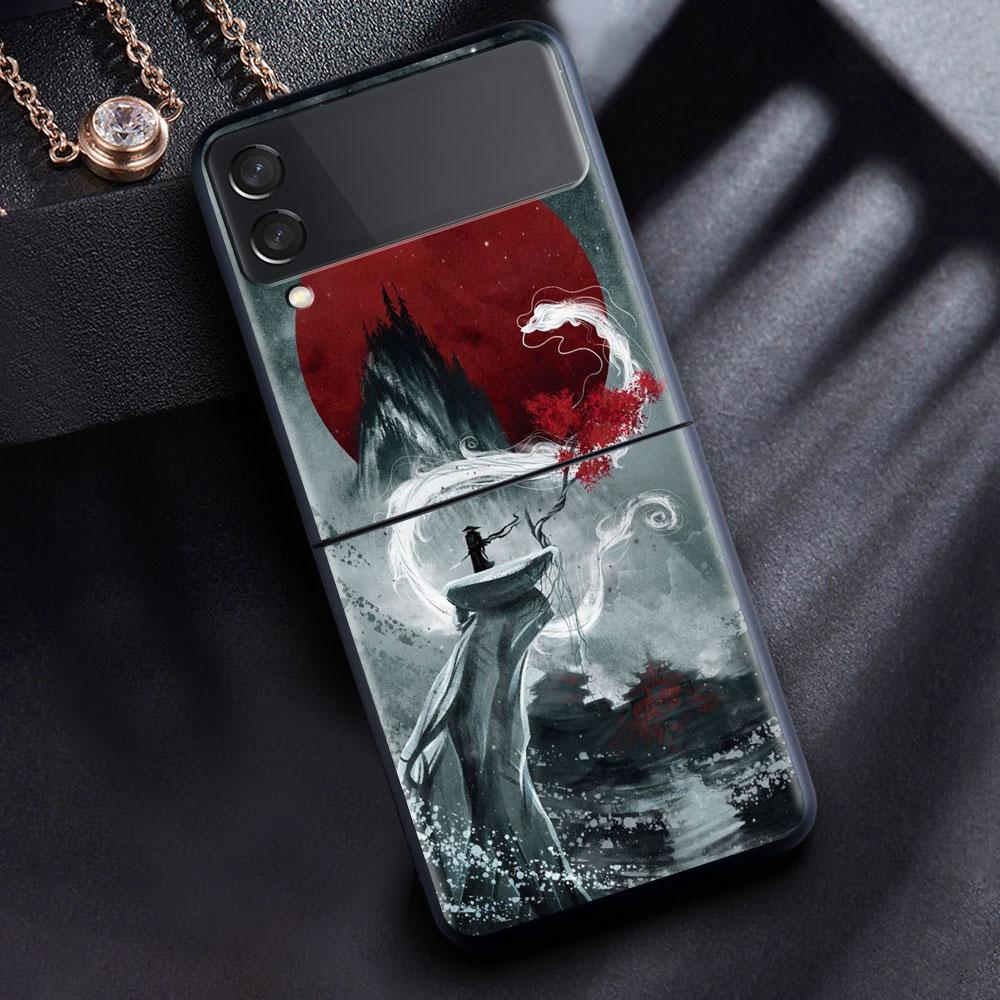Case For Samsung Galaxy Z Flip 3 4 5G Black Hard PC Phone Housing Z Flip4 Segmented Cover Landscape Ink Painting Japan Samurai