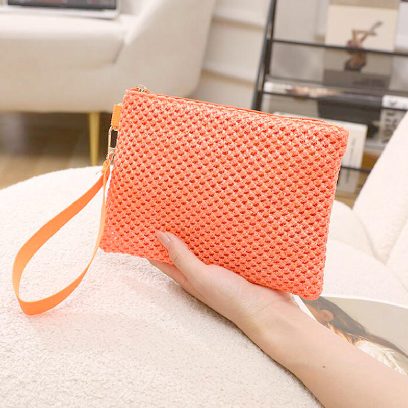 Fashion Straw Woven Bag For Women Hollow Out Beach Handbag With Wrist Strap Portable Phone Purse Solid Color Simple Cash Bag Summer Accessory