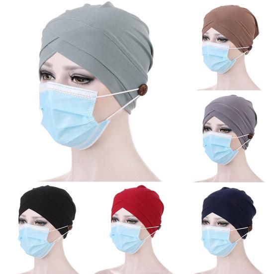 Women Solid Color Front Cross Beanie Bonnet Breathable Hat Cap with Button
