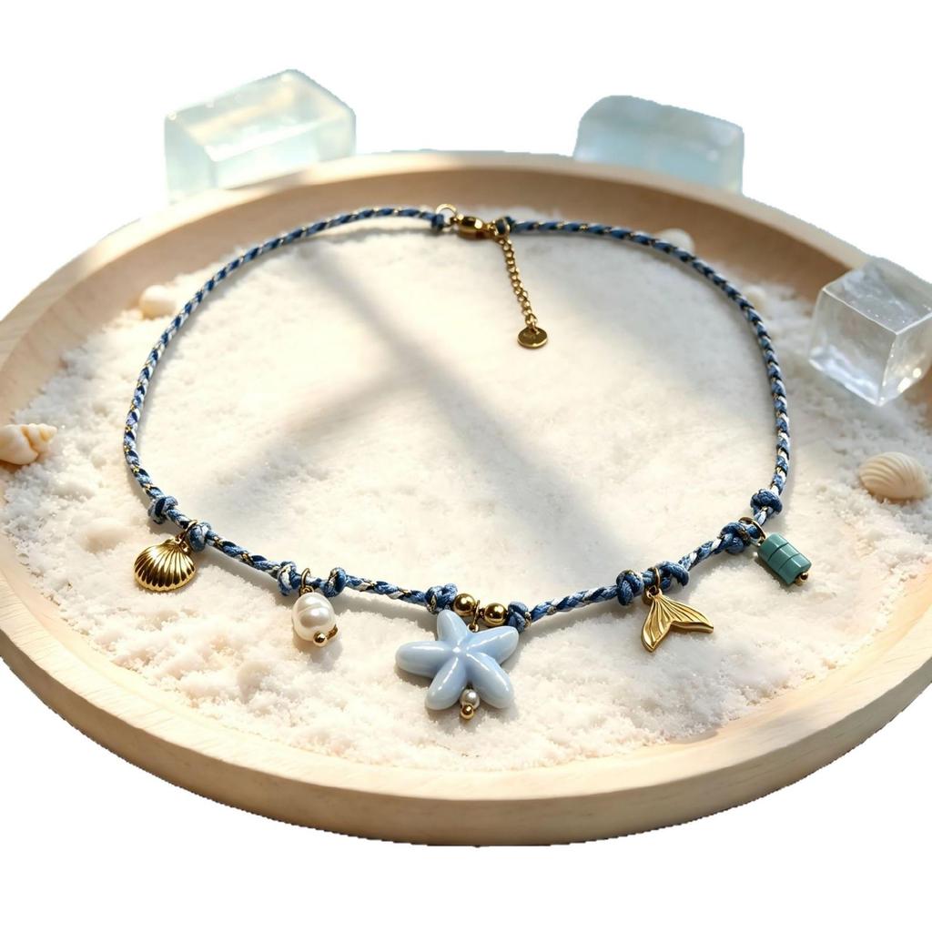 European Luxury Ocean-Themed Starfish Necklace with Woven Rope