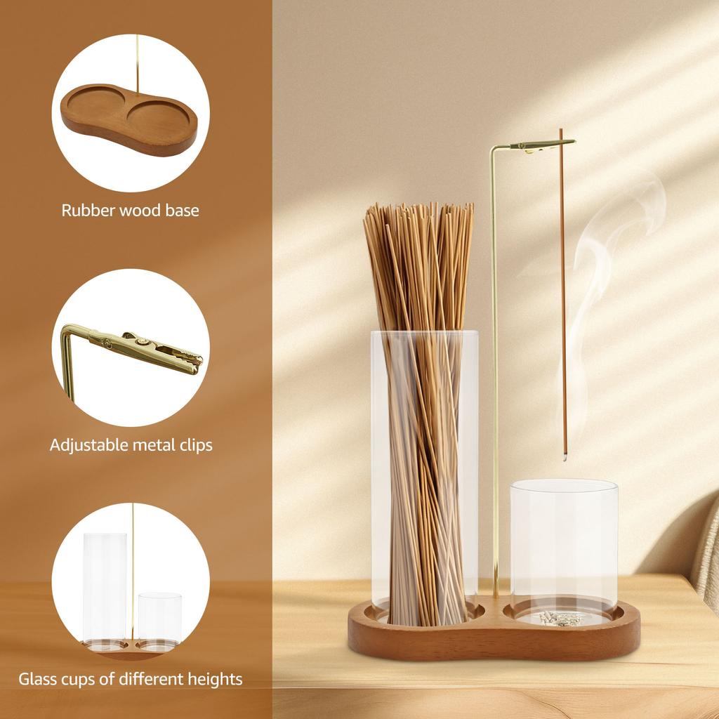 2in1 Wood Incense Holder Anti-Ash Flying Incense Burner with Removable Glass Ash Catcher Incense Sticks Organizer for Home Decor