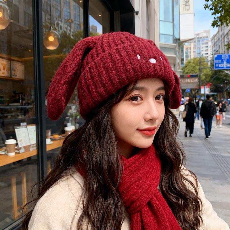 

New Autumn and Winter Cute Cartoon Rabbit Ear Hat for Women Warm Ear Protection Knitted Hat Showing Face Small Wool Cold Hat M（56-58cm）