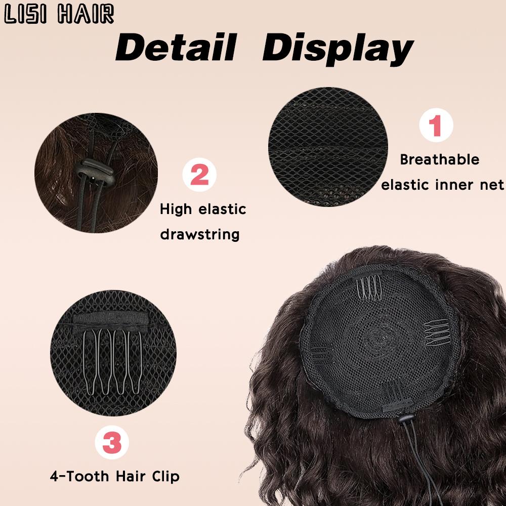MISSQUEEN Extensiones de Cola de Caballo Sintética Corta Rizada con Cordón Ajustable Clip en Extensiones de Cabello Peluca para Uso Diario de Aspecto Natural