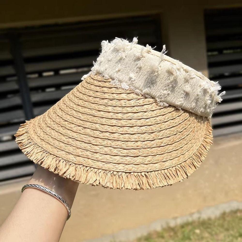 Hollow Empty Top Straw Hat Woven Straw Women's Sun Hats Folding Sunshade Hat  Beach Vacation