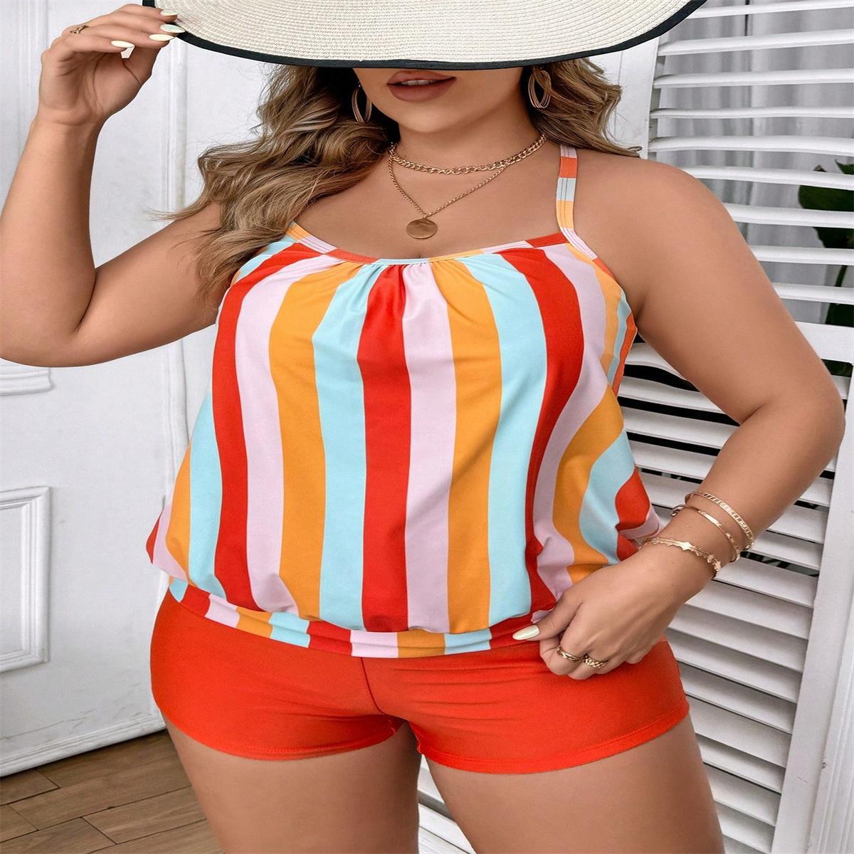 2026 Большой размер Европейский и Американский Высокоэластичный Полиэстер Танкини, Купальник-Танкини с Принтом, Раздельный 3XL оранжевый