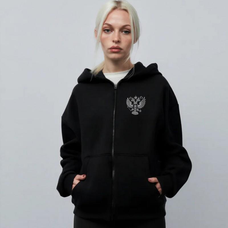 Unisex Oversized Hooded Zip-Up Sweatshirt With Cartoon Print Loose Fit Cotton Long Sleeve Streetwear