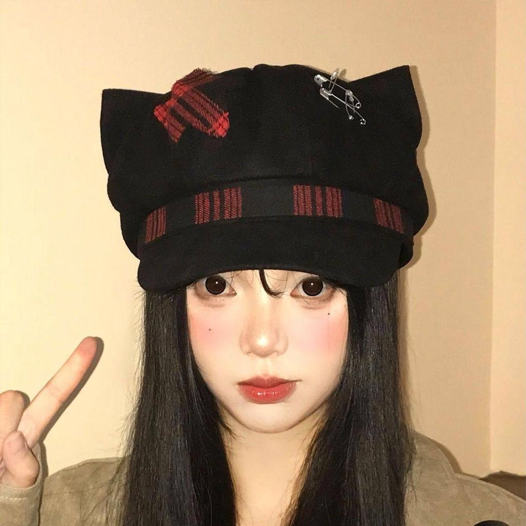 Japanese Grid Star Patch Hat Versatile Personality Trendy Cool Beret Girl Autumn and Winter Hats Hot Girl Cat Ear Hat for Women
