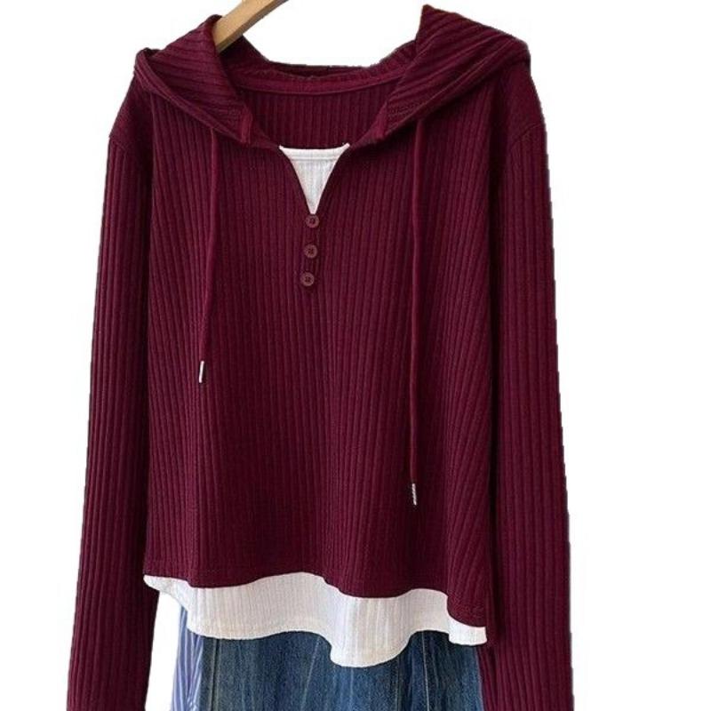 Women S Plus Size Hooded Long Sleeve Fake Two Piece T Shirt Loose Casual Top