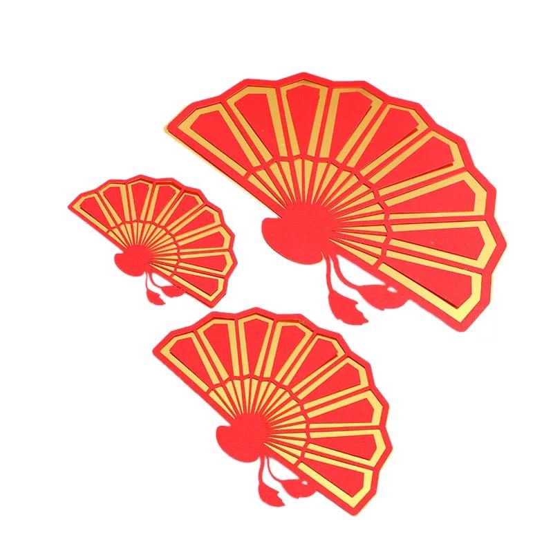 Large Red & Gold Folding Fan Cake Topper with Plum Blossom for Birthday Decorations
