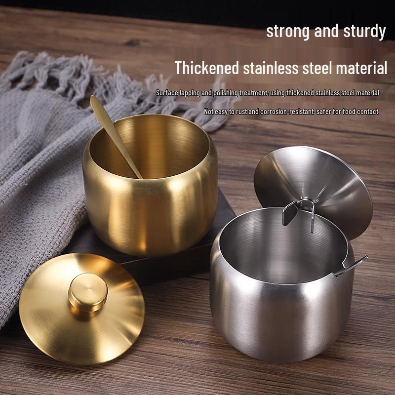 Gold Korean Style 304 Stainless Steel Seasoning Jar with Spoon - Perfect for Chili Sauce, Soy Sauce, or Salt.