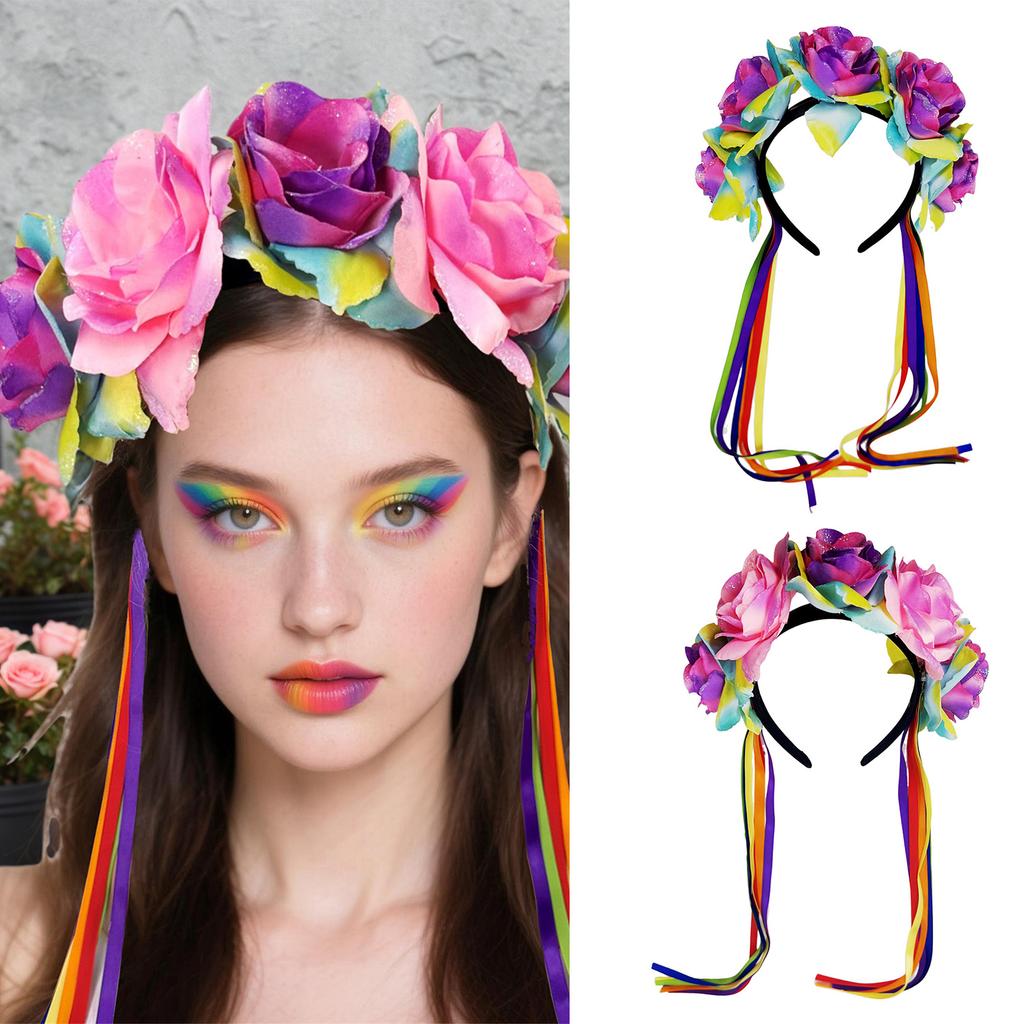 Floral Hairband Rainbow Rose Hair Hoop Halloween Decorative Tassels Role Play Costume Proms Party Live Show Headwear