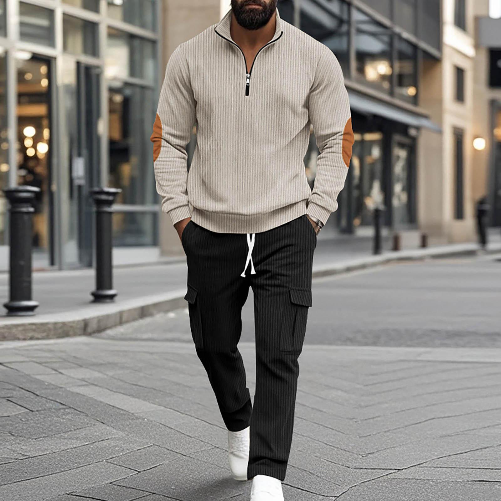 

Однотонный мужской вельветовый повседневный свитер с воротником-стойкой и длинными рукавами, мужской костюм S бежевый