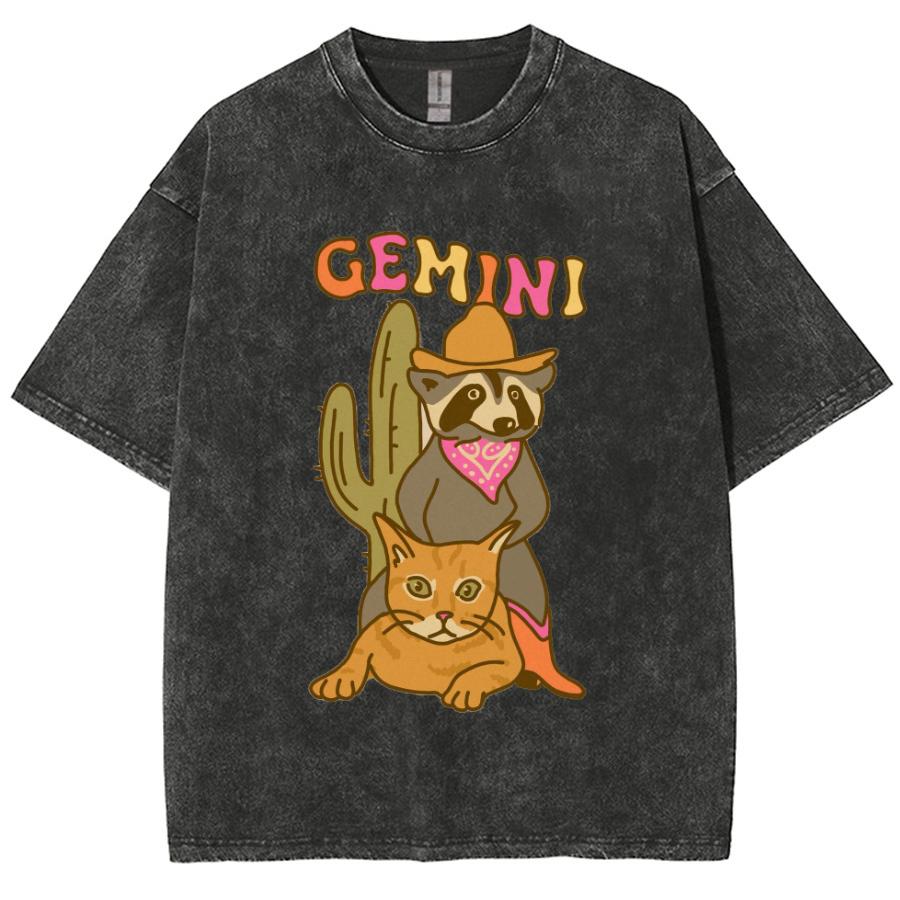 Gemini Cartoon Print Women T-Shirt Washed Denim Oversized Loose Crew Neck Couple Half Sleeve Unisex Cute Retro Style Top