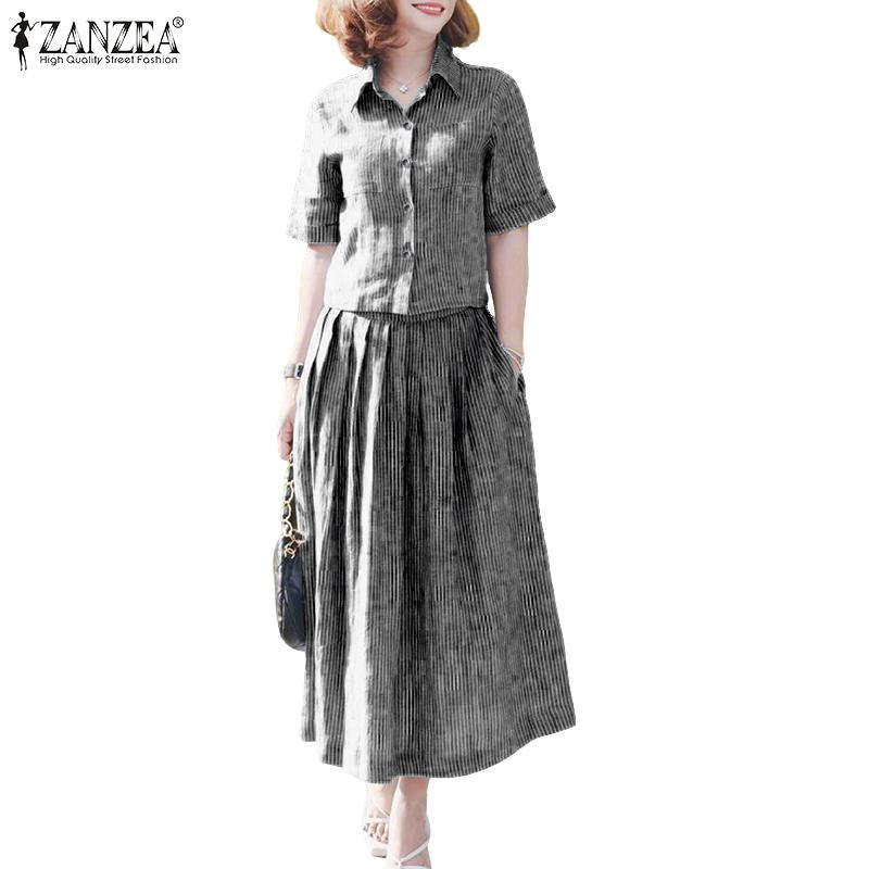 ZANZEA Women Short Sleeve Blouse and Skirts Summer Stripe Two Piece Suit Sets