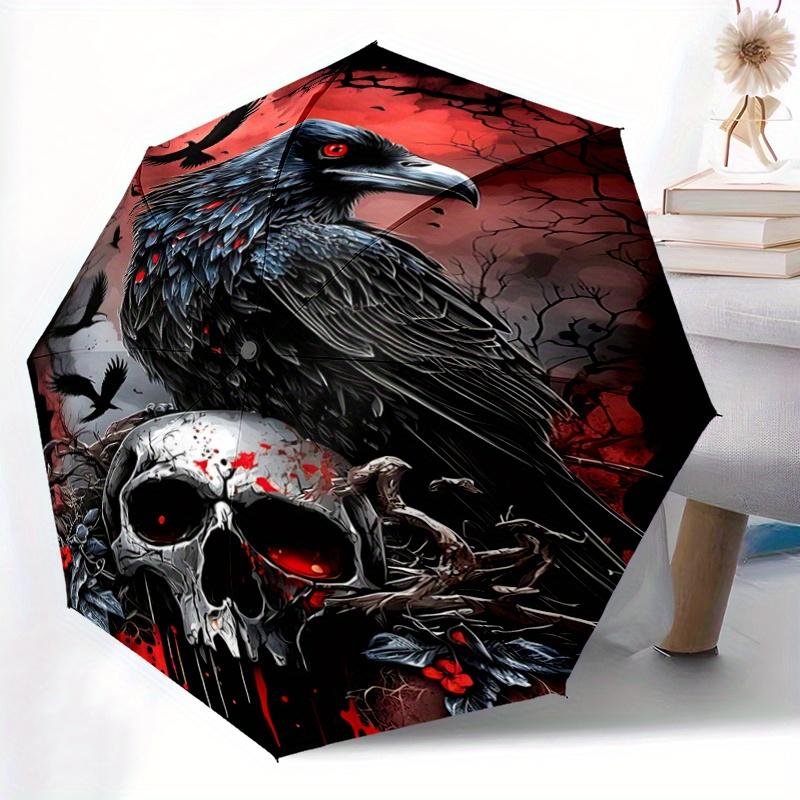 1pc Crow and Skull Pattern Beautiful Looking Automatic Folding Umbrella, 3 Folding, 8 Iron Frame Design, Durable and Suitable for Travel and Dail