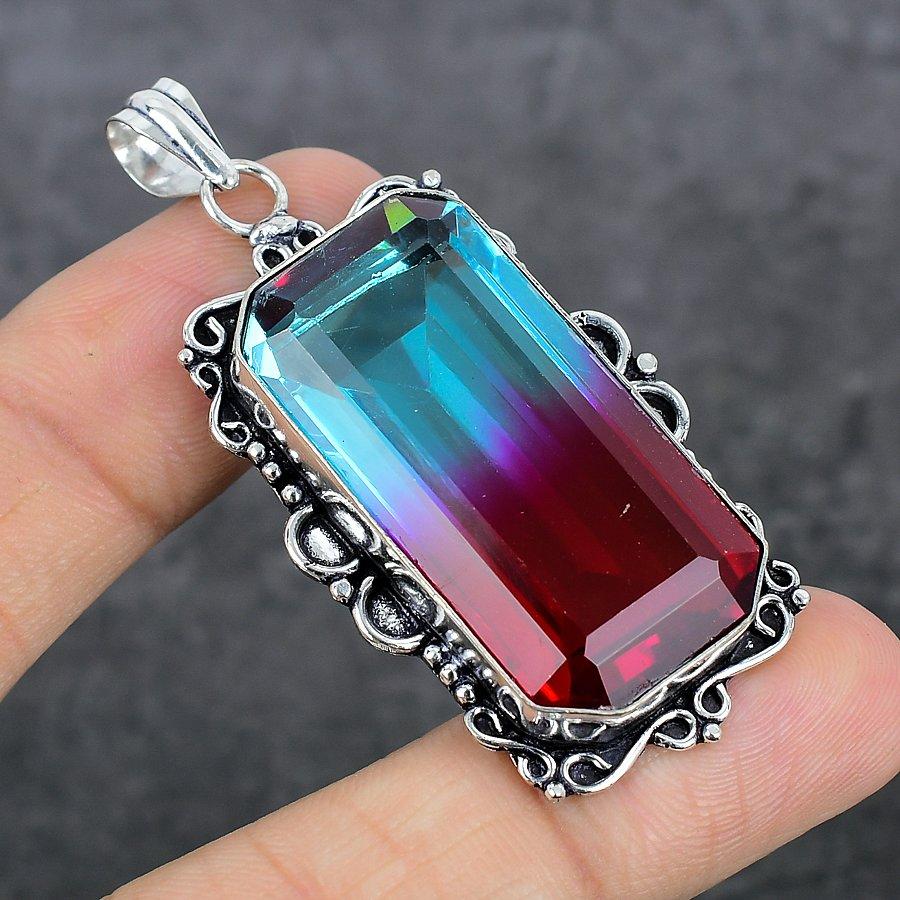 Zweifarbiger Turmalin-Edelstein-Anhänger aus 925er Sterlingsilber, 6 cm