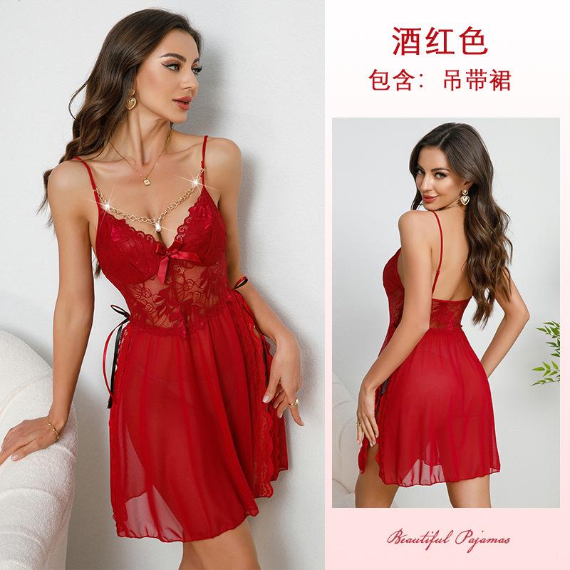 Pearl Chain Lace Sheer Nightgown Side Slit Colorful Bow Decor Sexy Cami Women's Loungewear 913 Romantic Glamorous Sleepwear with Cute Bow Accents