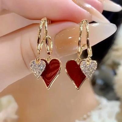 Retro Oil Dripping Rhinestone Double Heart-shaped Pendant Stud Earrings for Women Fashion Temperament Girls Jewelry