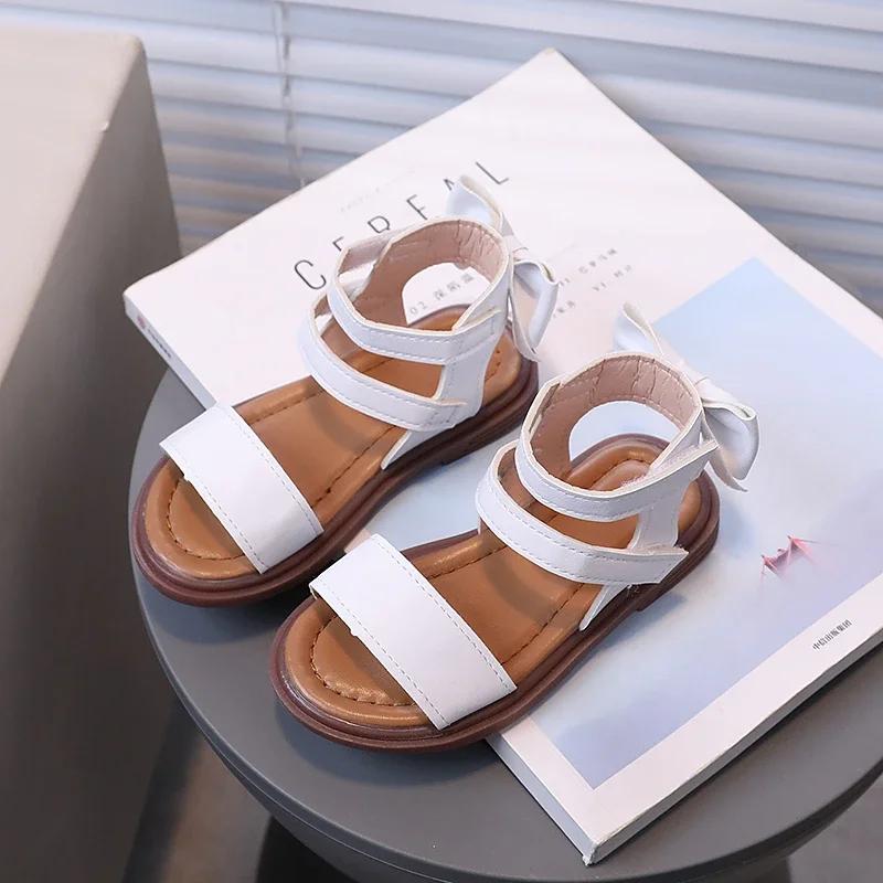 Little Girl's Sandals Gladiator Style Black White Children Sliders Flat Pu Leather Fashion Hook-loop Kids Summer Shoes 21-30