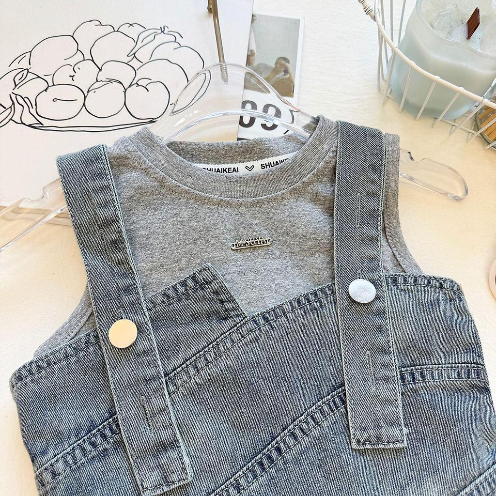 Mädchen Sommer 2026 Patchwork Denim Latzhosen Set: Rock mit elastischem Bund & Trendiges Dreiteiler-Outfit