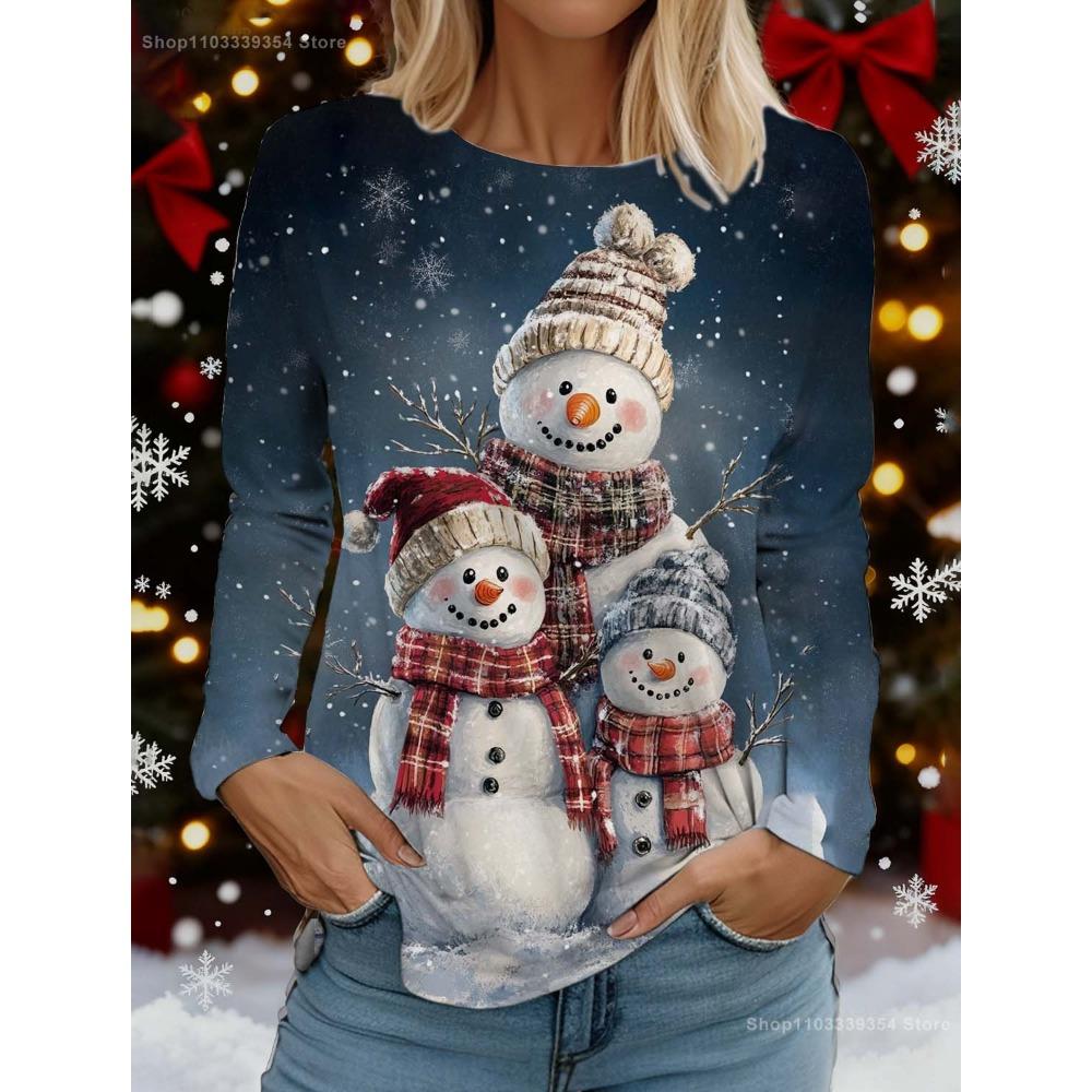 Christmas Cute Snowman 3D Print Round Neck Long Sleeve Women's T-Shirt, New Comfortable and Fashionable Top