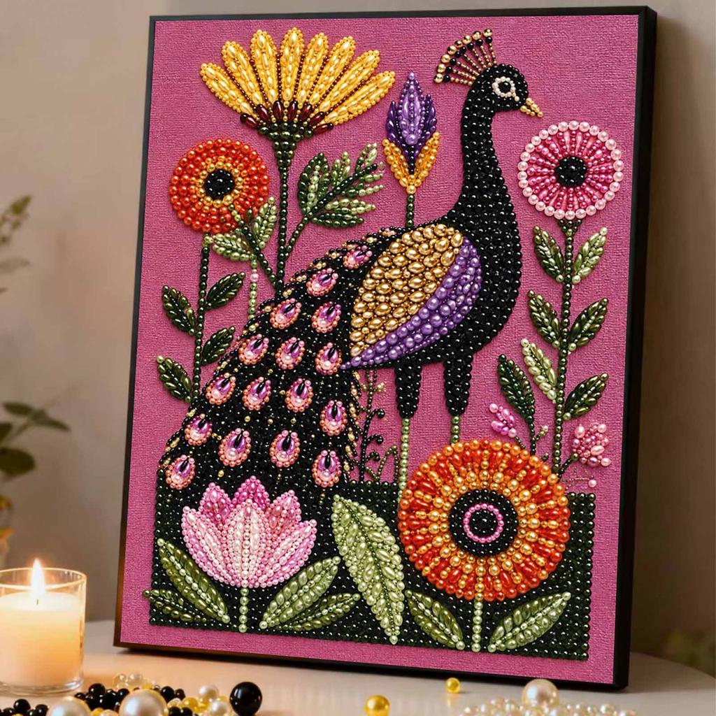Peacock Flower Pearl Painting Kit with Frame Sparkling Bead Canvas Romantic Handmade Wall Decor Gift for Women