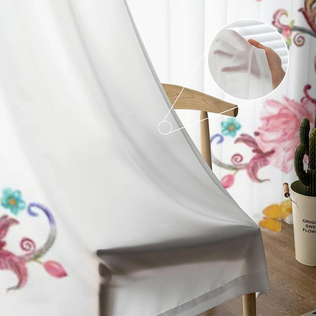 Pink Flowers and Butterflies Tulle Curtains for Living Room Decoration Modern Veil Chiffon Curtains Bedroom Sheer Voile