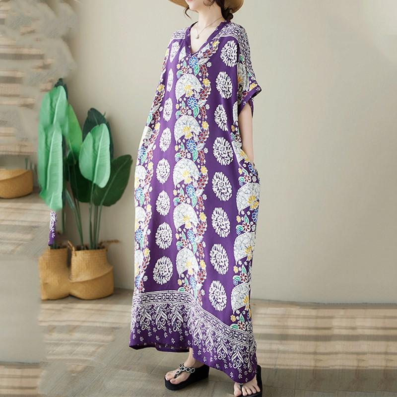 

Новое хлопковое атласное платье с коротким рукавом больших размеров в винтажном стиле с цветочным принтом для женщин, повседневное свободное длинное летнее платье фиолетовый