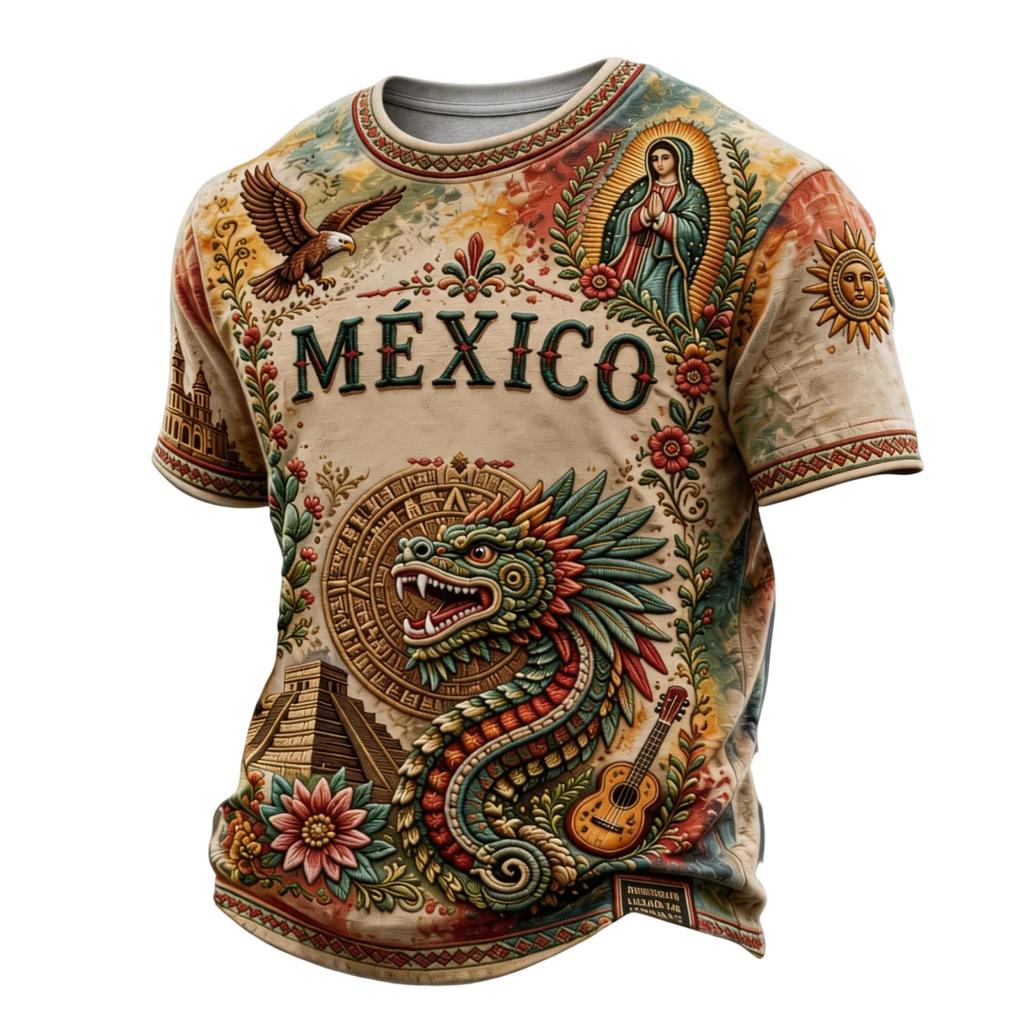Men's National Team Support T Shirt Mexico Soccer Fan Jersey Short Sleeve Casual Football Top with Printed Design and Flag Patch