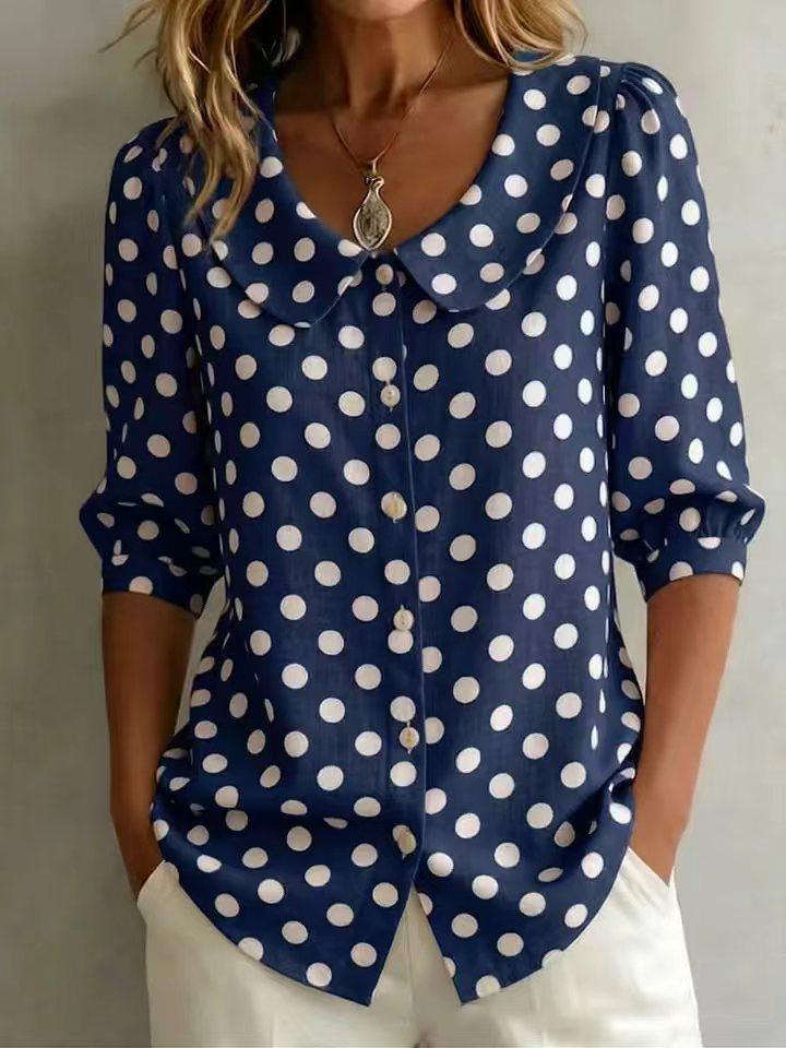 1116 New European and American Retro Polka Dot Lotus Leaf Collar Shirt Women, Loose Seven-point Bubble Sleeve Shirt Commuting Versatile