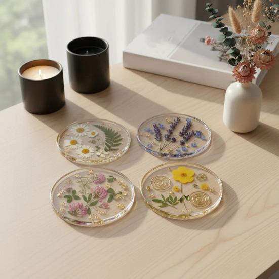 4Pcs Acrylic Dried Flower Coaster Heat-Resistant Waterproof Cup Mat Transparent Non-Slip