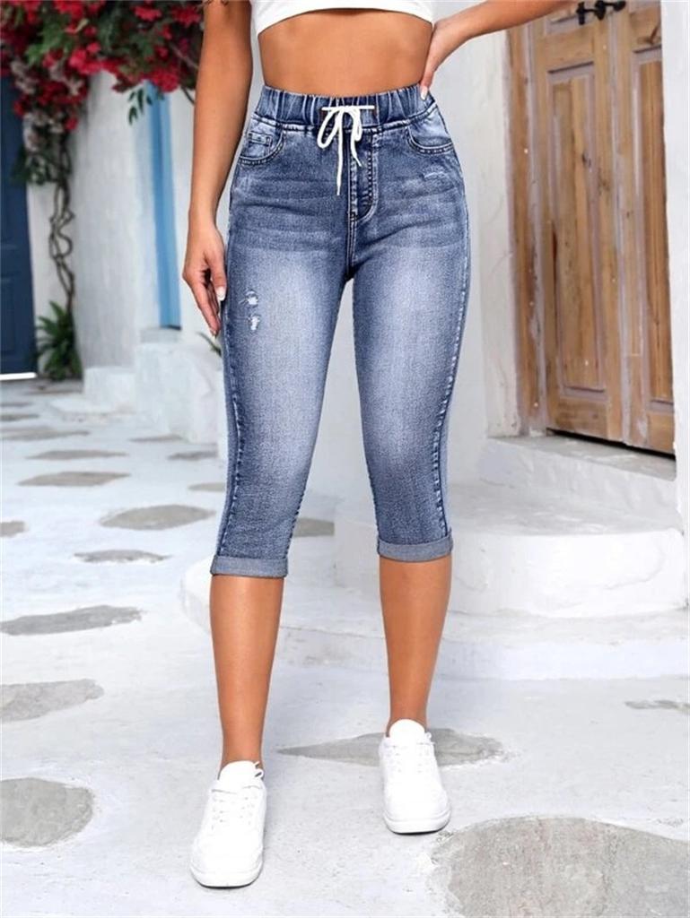 Damen Mode Denim Jeans Shorts Kordelzug Hohe Taille Stretch Knielang Zerrissenes Loch Lässig Kurze Jeanshosen