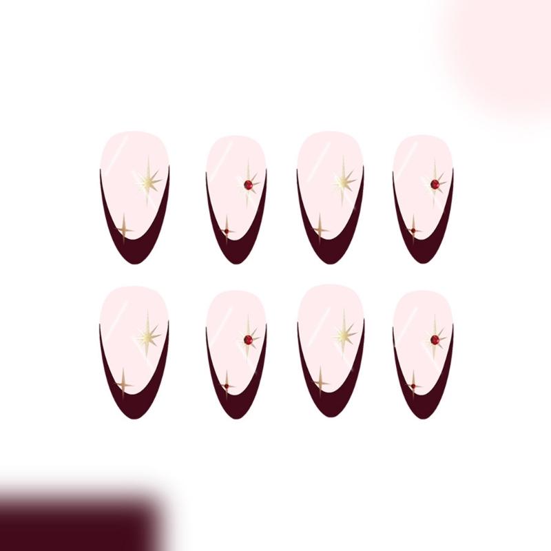 Short Almond Press On Nail,24Pcs Wine Reds Fake Nail In 12 Sizes Glossy False Nail Acrylic Stick On Nail for Women