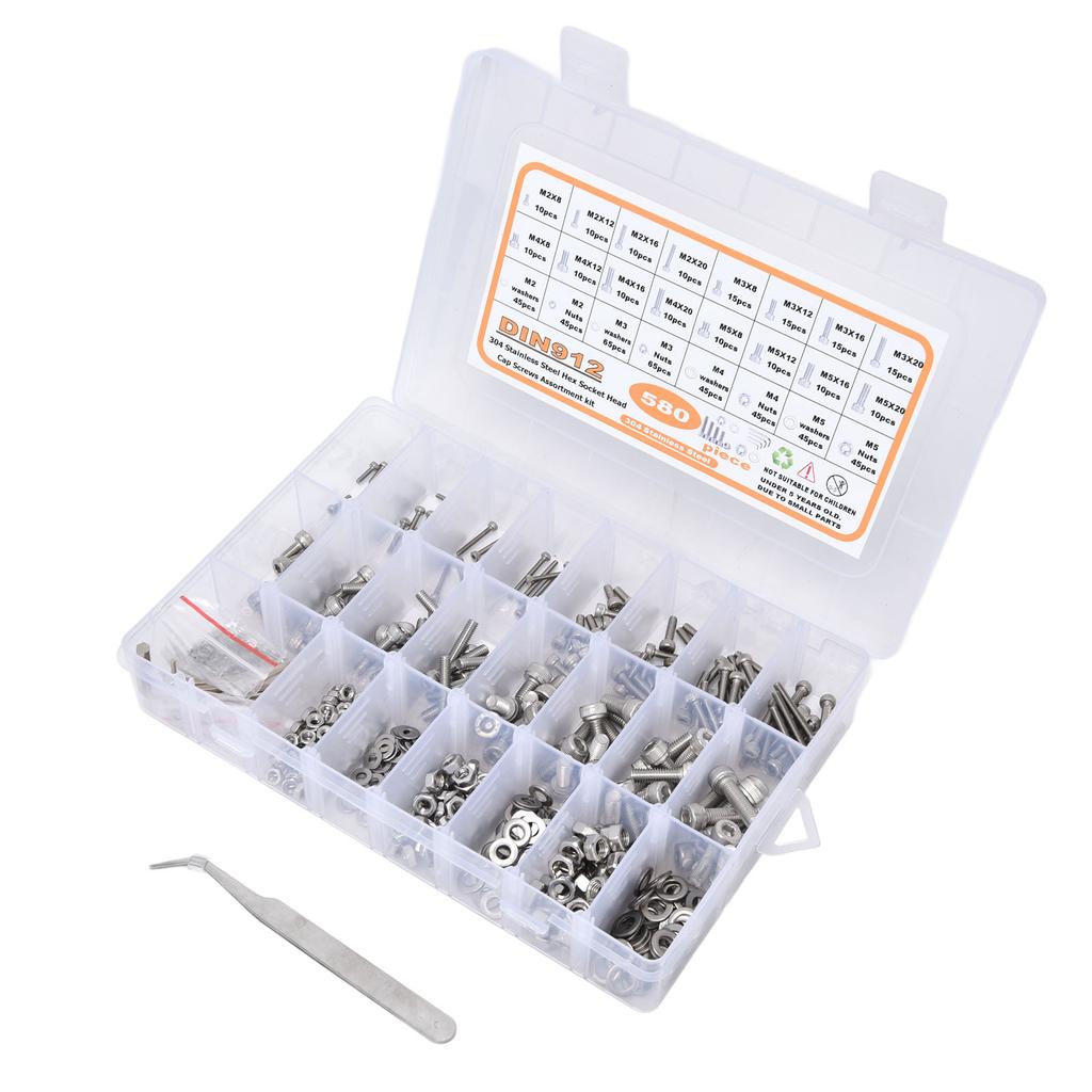 580Pcs Screws Nuts Washers Kit 304 Stainless Steel Cylindrical Head Hex Socket Screws for Home