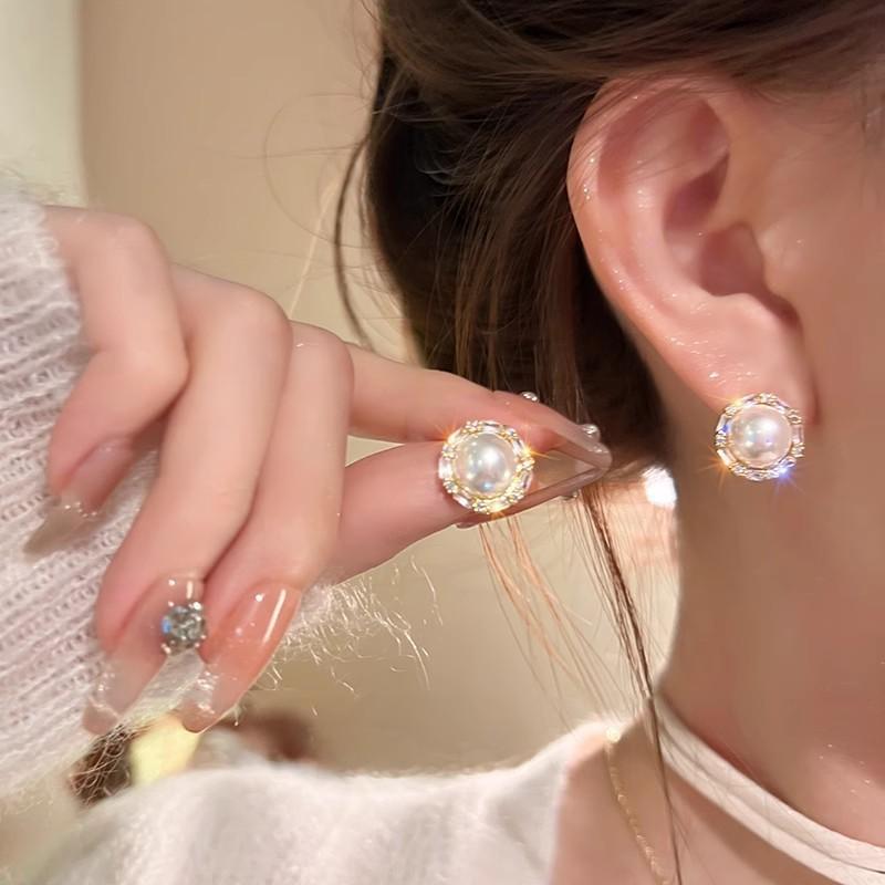 Silver needle same gold earrings women's light luxury high-end temperament pearl stud earrings retro new earrings