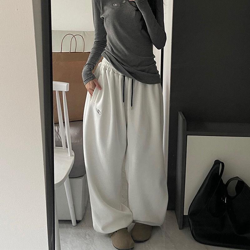 Women's Gray High-Waist Wide-Leg Sweatpants - Pure Cotton, Plus Velvet, Autumn/Winter Casual Sports Drawstring Pants.