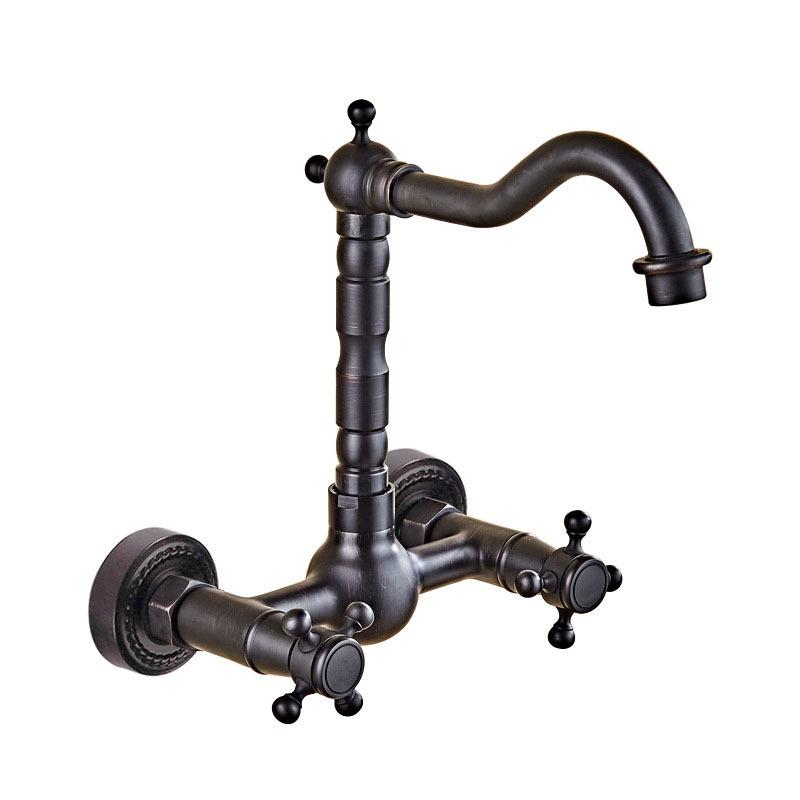 Antique Wall Mounted Basin Faucets Bathroom Black Dual Handles Bathtub Faucet Hot Cold Water Mixer Tap Household