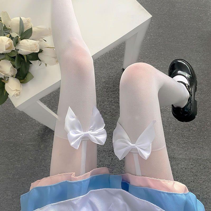 Japanese Black Bow Fake Thigh High Socks with White Suspender