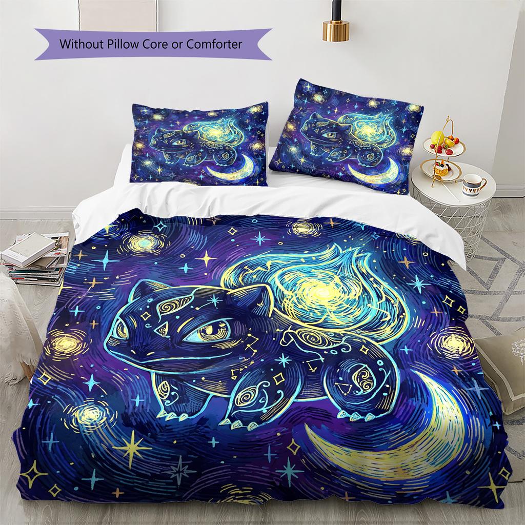 Bulbasaur Pattern Bedding Quilt Set Quilt Cover Pillowcase Home Decoration Birthday Gift (1 * duvet cover + 2 * pillowcase, without core)