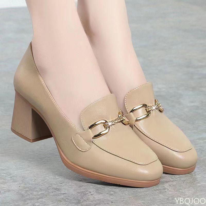 New British Style Soft Leather Women'S Single Shoes For Spring Autumn Metal Decoration Trend Square Heel Luxury Women'S Shoes