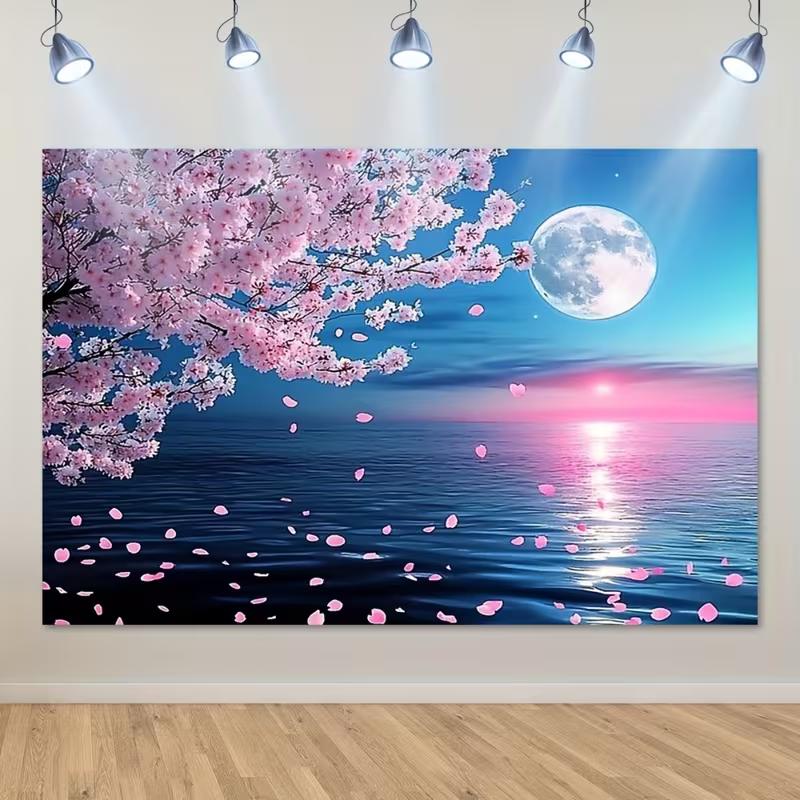 

2D Floral Moon Ocean Backdrop, Cherry Blossom Sunset Wall Decor Banner 47.2x31.5inch/120*80cm