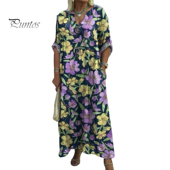 Herbst Sommer Damen Kleid Blumendruck Locker Neunte Ärmel mit Manschettenknöpfen V-Ausschnitt Seitentaschen Täglich Langes Kleid Lässiges Maxikleid