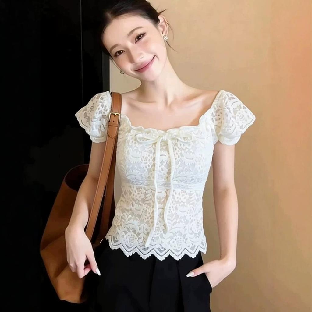 Korean Lace Shirt Splicing Square Neck Lace-up Short-sleeved T-shirt Women's Summer Design Pure Desire Style Spice Girl Slim Top