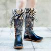Johnature Genuine Leather Patchwork Printed Long Boots Fashion Versatile Leopard Print Fur Collar Women Shoes